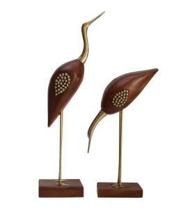 Wooden and Brass, Antique Decorative Crane Love Birds Showpiece Home Decor - Set of 2