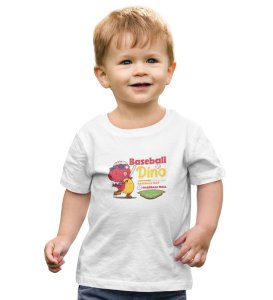 Baseballer Dino, Boys Round Neck Blended Cotton Tshirt (White)
