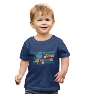 Basketballer Dino, Printed Cotton T-shirt (Navy Blue) for Boys
