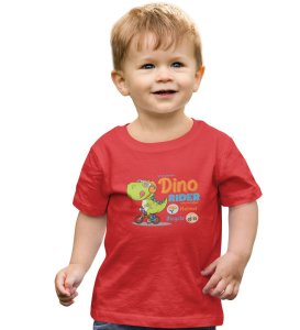 Dino Rider, Boys Round Neck Printed Blended Cotton T-shirt (Red)