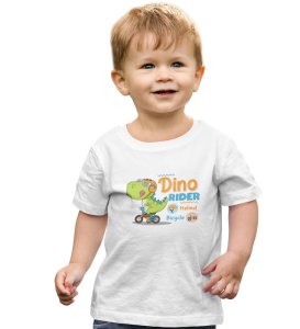 Dino Rider, Boys Round Neck Printed Blended Cotton Tshirt (White)
