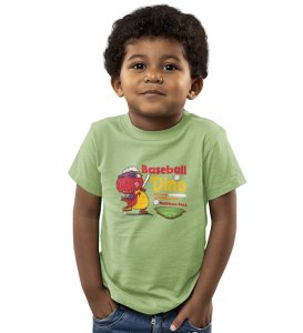 Baseballer Dino, Boys Round Neck Blended Cotton Tshirt
