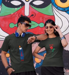 He Is Fire/She Is Rose Printed (green) T-shirts For Couple