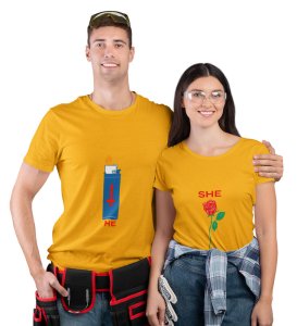 He Is Fire/She Is Rose Printed (Yellow) T-shirts For Couple