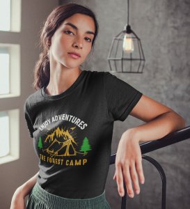 HopOfferEnjoy Adventures Black Round Neck Cotton Half Sleeved Women's T-Shirt with Printed Graphics