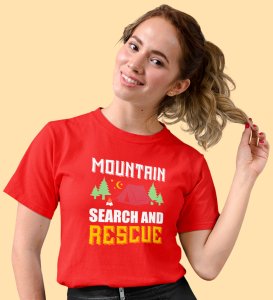 HopOfferSearch And Rescue Red Round Neck Cotton Half Sleeved Women's T-Shirt with Printed Graphics