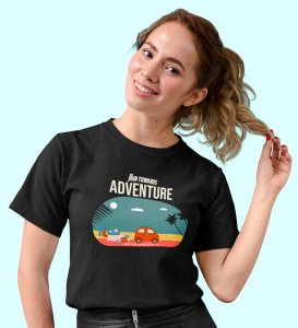 HopOfferTowards Adventure Black Round Neck Cotton Half Sleeved Women's T-Shirt with Printed Graphics