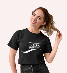 HopOfferEyes Of The Travellers  Black Round Neck Cotton Half Sleeved Women's T-Shirt with Printed Graphics