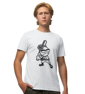 The Baseball Man White Round Neck Cotton Half Sleeved Men's T-Shirt with Printed Graphics