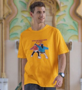 Same Kind Of Wierd Yellow Round Neck Cotton Half Sleeved Men T Shirt with Printed Graphics