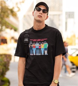 Squad Comes First Black Round Neck Cotton Half Sleeved Men T Shirt with Printed Graphics