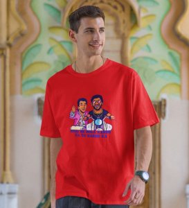 What's The Plan ? Red Round Neck Cotton Half Sleeved Men T-Shirt with Printed Graphics