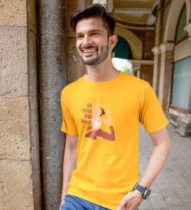 Stretch Into Happiness Yellow Round Neck Cotton Half Sleeved Men T-Shirt with Printed Graphics