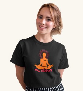 Just Yoga Black Round Neck Cotton Half Sleeved WomenT-Shirt with Printed Graphics