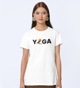 Yoga : The Strongest Path White Round Neck Cotton Half Sleeved Women T-Shirt with Printed Graphics