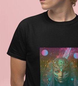 Cyber Galaxy: Robotic Humanoid War Graphic Printed Black T-Shirt